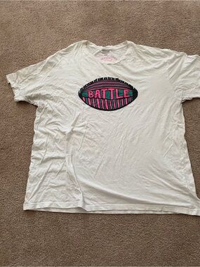 White 'Battle' Graphic Short Sleeve Tee - Pink & Teal Football Design